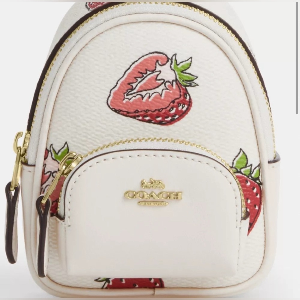 Coach Mini Court Backpack Bag Charm with Strawberry Print Gold/Chalk Leather NWT